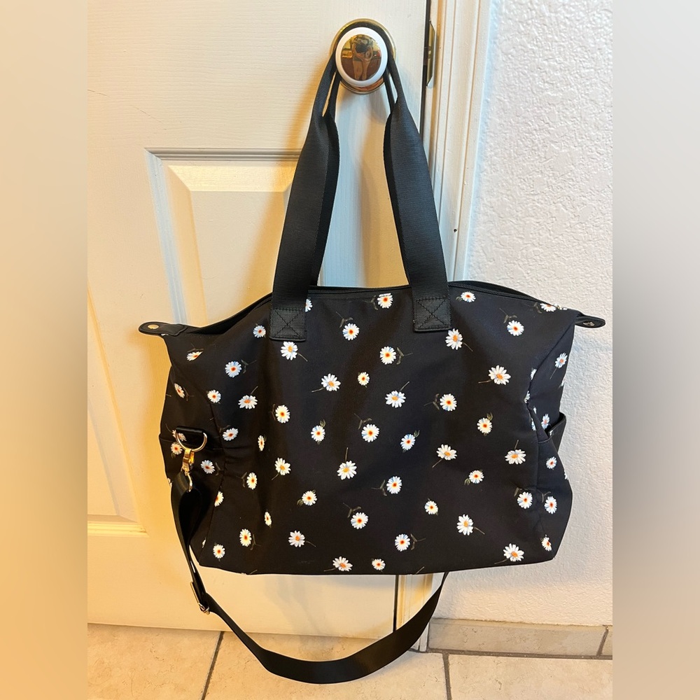 Black with white sunflower pattern duffle bag
